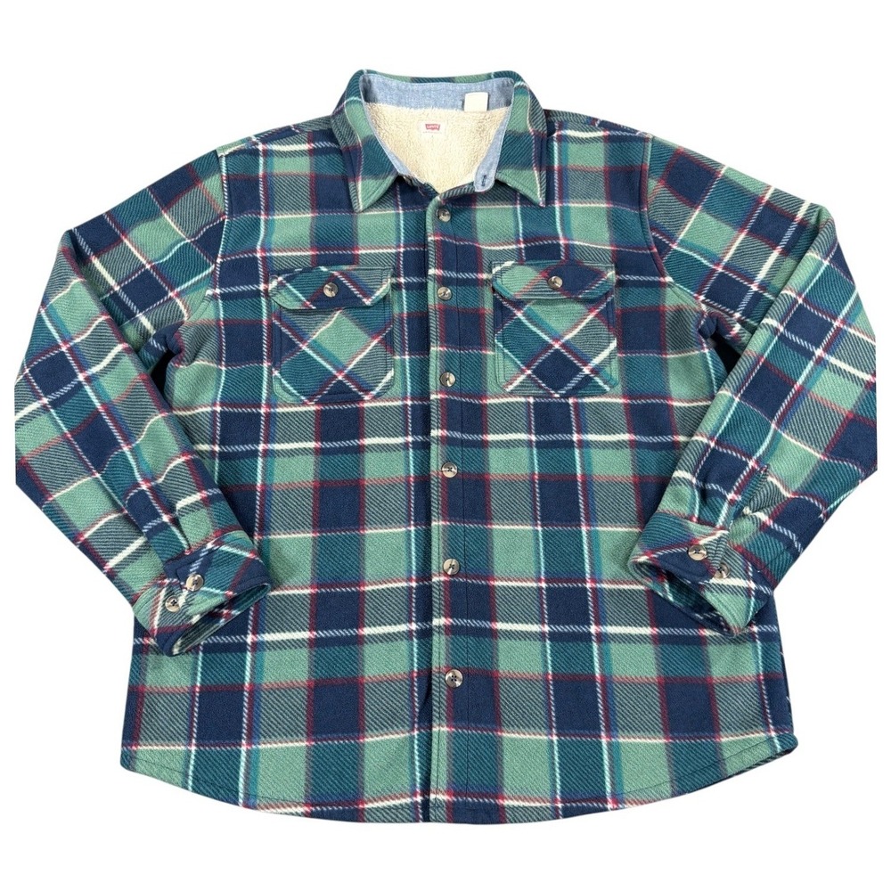 Levi's Fleece Shirt Jacket Mens Large Green Plaid Sherpa Lined Excellent Coat